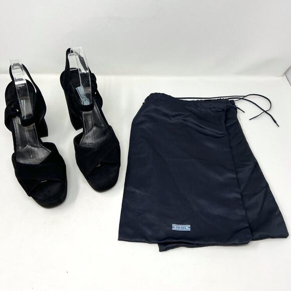 Prada Black Suede Platform Block Heel Peep Toe Sandals - Size 38.5 - Picture 9 of 10